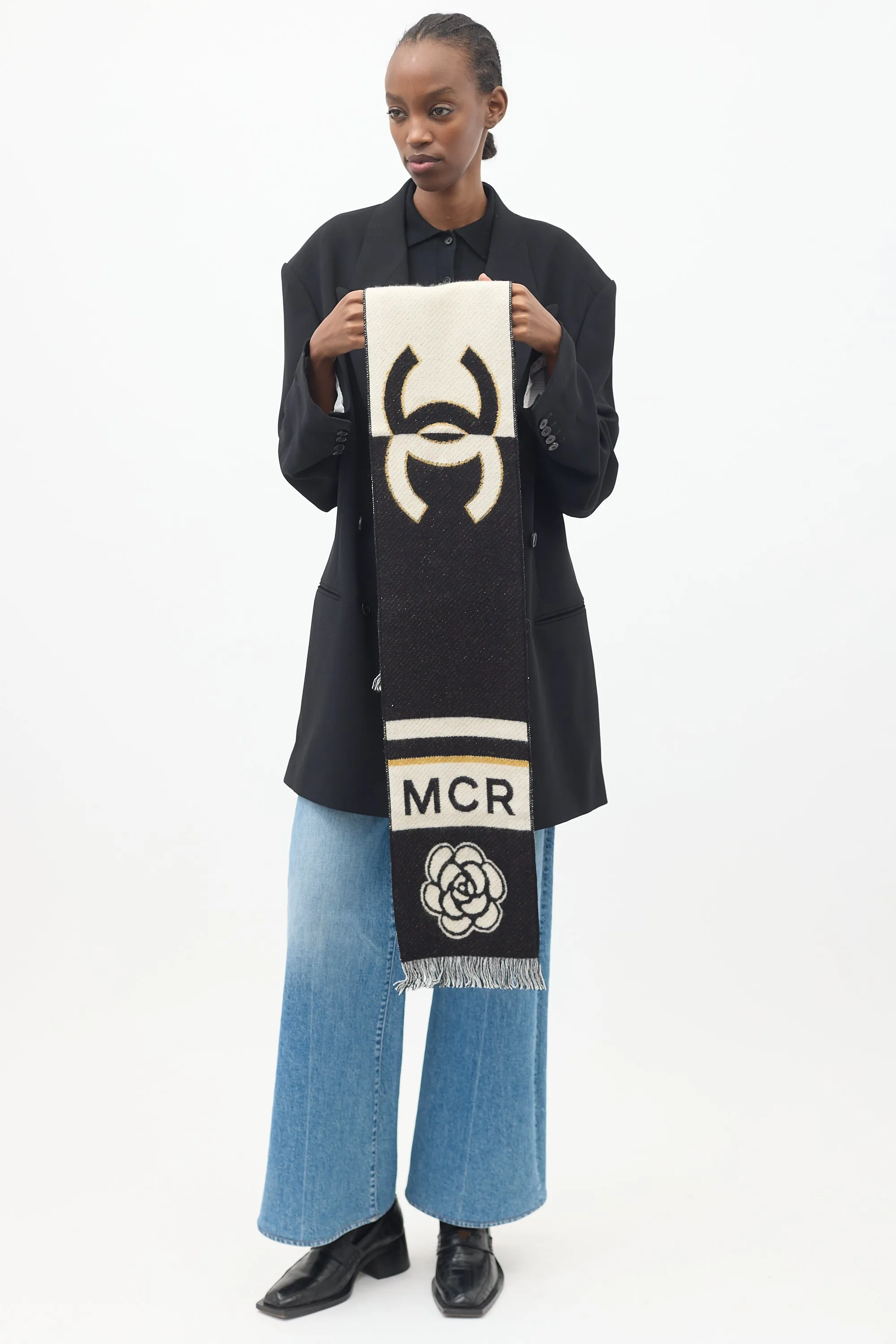 Black & White Cashmere & Wool MCR Camellia Scarf