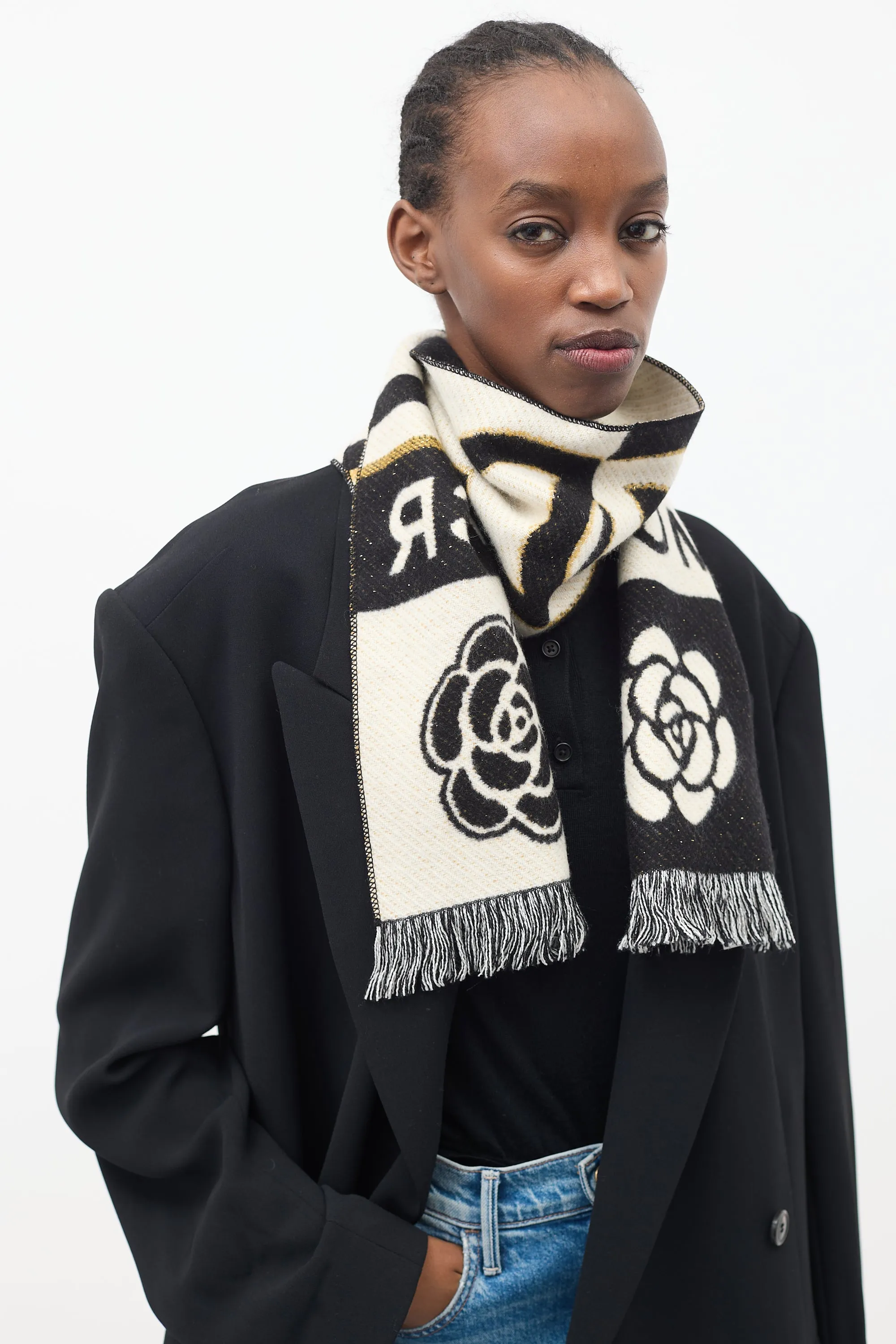 Black & White Cashmere & Wool MCR Camellia Scarf