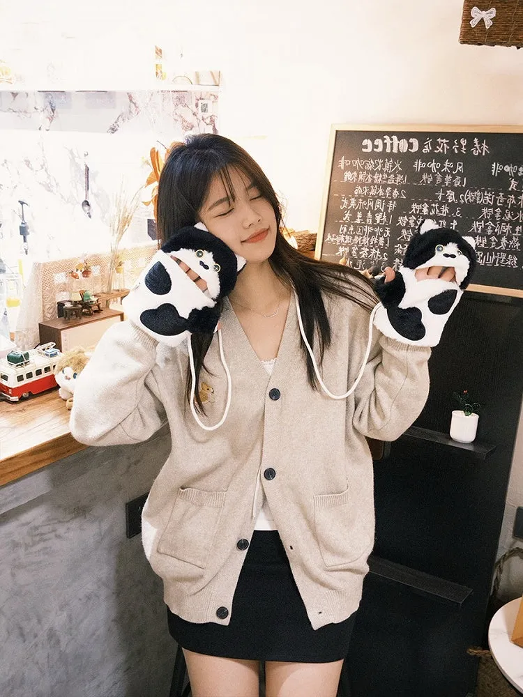 Black&White Cute Cat-shaped Plush Gloves