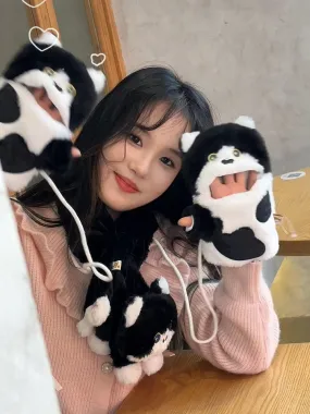 Black&White Cute Cat-shaped Plush Gloves