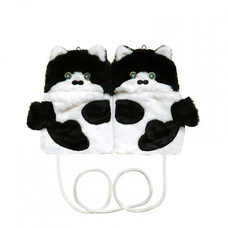 Black&White Cute Cat-shaped Plush Gloves
