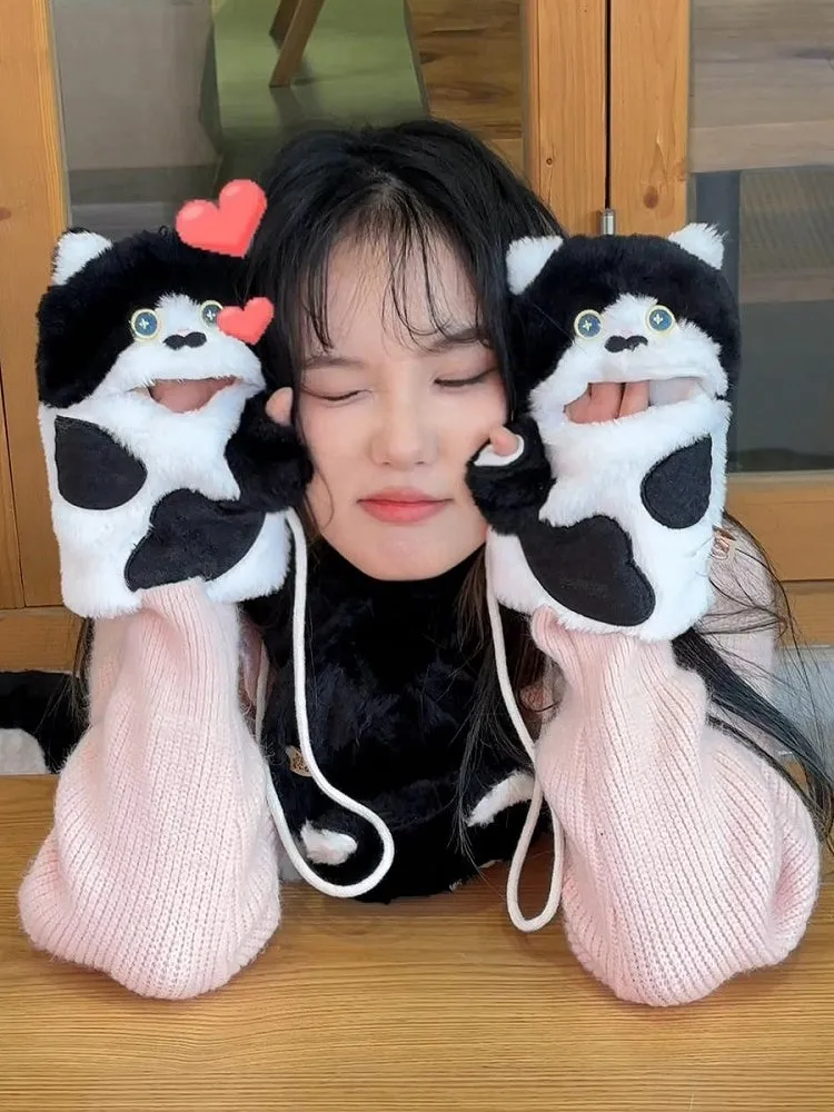 Black&White Cute Cat-shaped Plush Gloves