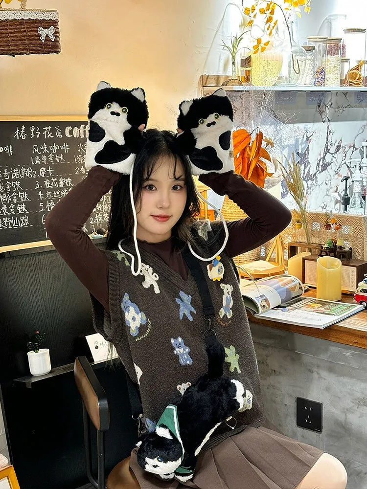 Black&White Cute Cat-shaped Plush Gloves