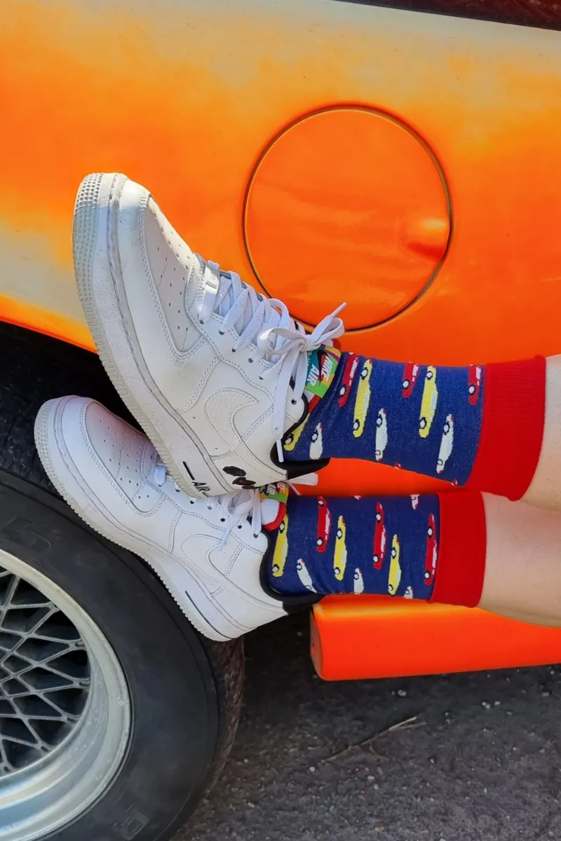 CAR RENTAL blue socks with cars for men