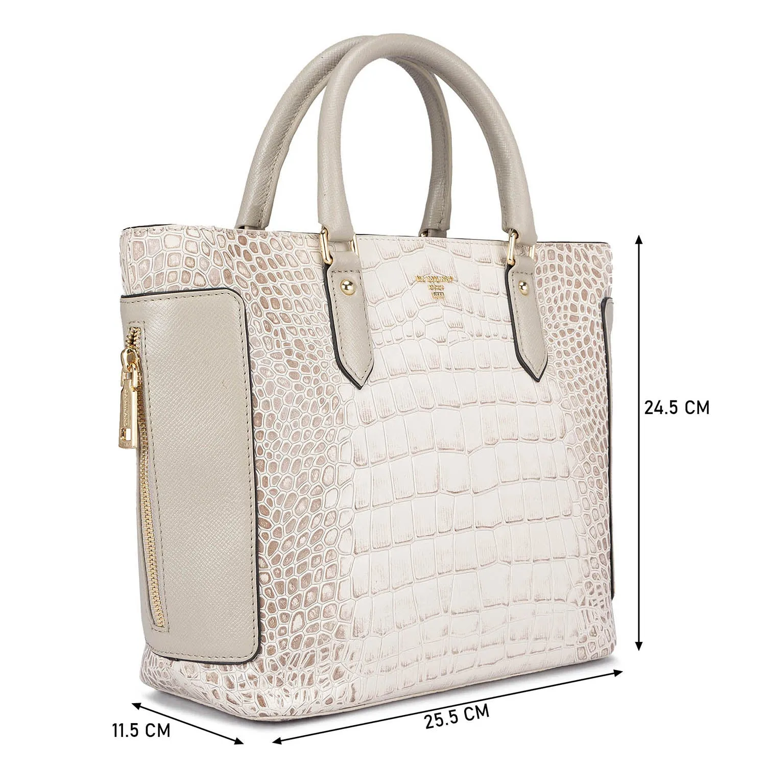 Medium Croco Leather Satchel - Cream