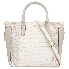 Medium Croco Leather Satchel - Cream