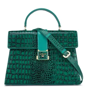 Medium Croco Leather Satchel - Green