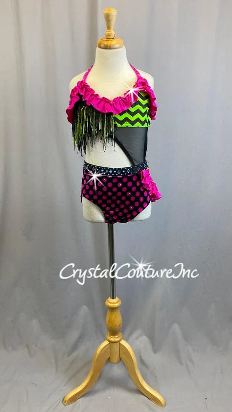Neon Green and Hot Pink Pattern Connected Halter Top and Trunk/Half Skirt - Swarovski Rhinestones