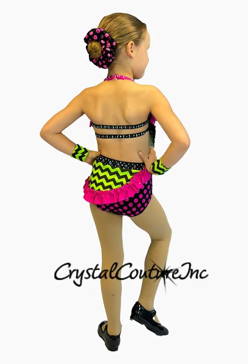 Neon Green and Hot Pink Pattern Connected Halter Top and Trunk/Half Skirt - Swarovski Rhinestones