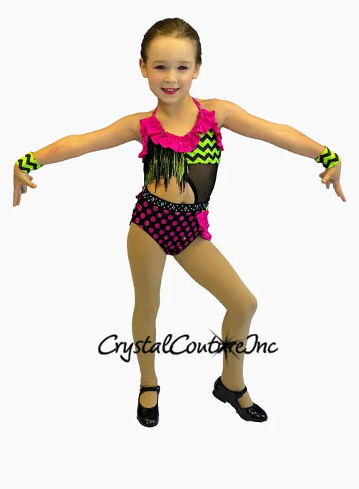 Neon Green and Hot Pink Pattern Connected Halter Top and Trunk/Half Skirt - Swarovski Rhinestones