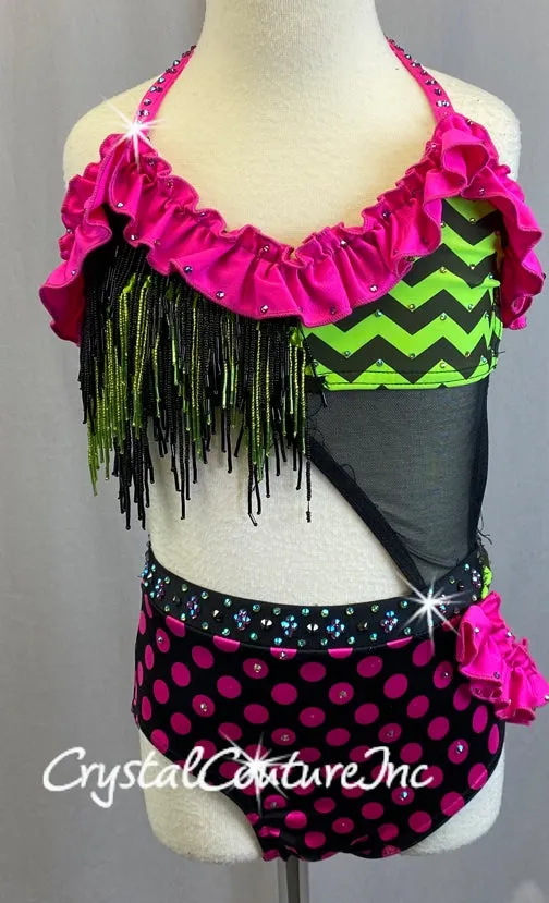 Neon Green and Hot Pink Pattern Connected Halter Top and Trunk/Half Skirt - Swarovski Rhinestones