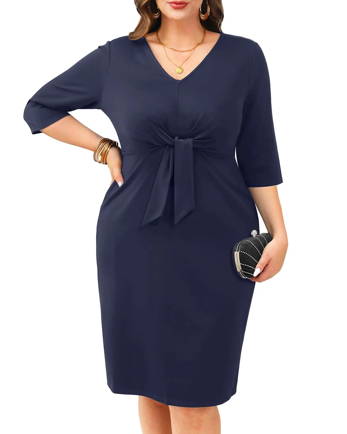 Plus Size Dresses for Wedding Guest Navy Blue Women Church Cocktail Midi Work Semi Formal Business Elegant Knee Dress