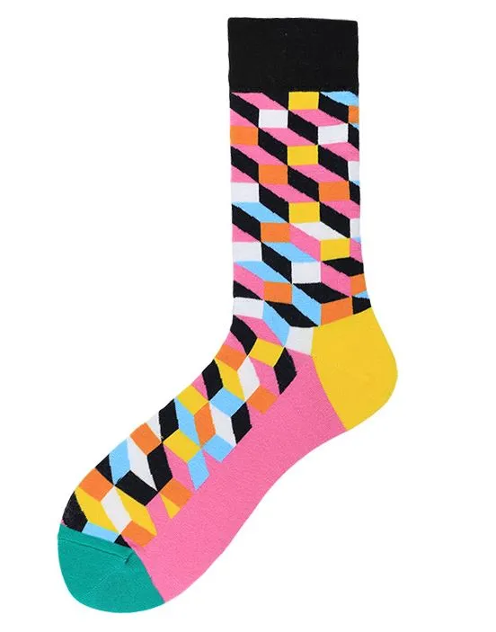 SF382 Pink & Colorful Multi Rectangle Socks