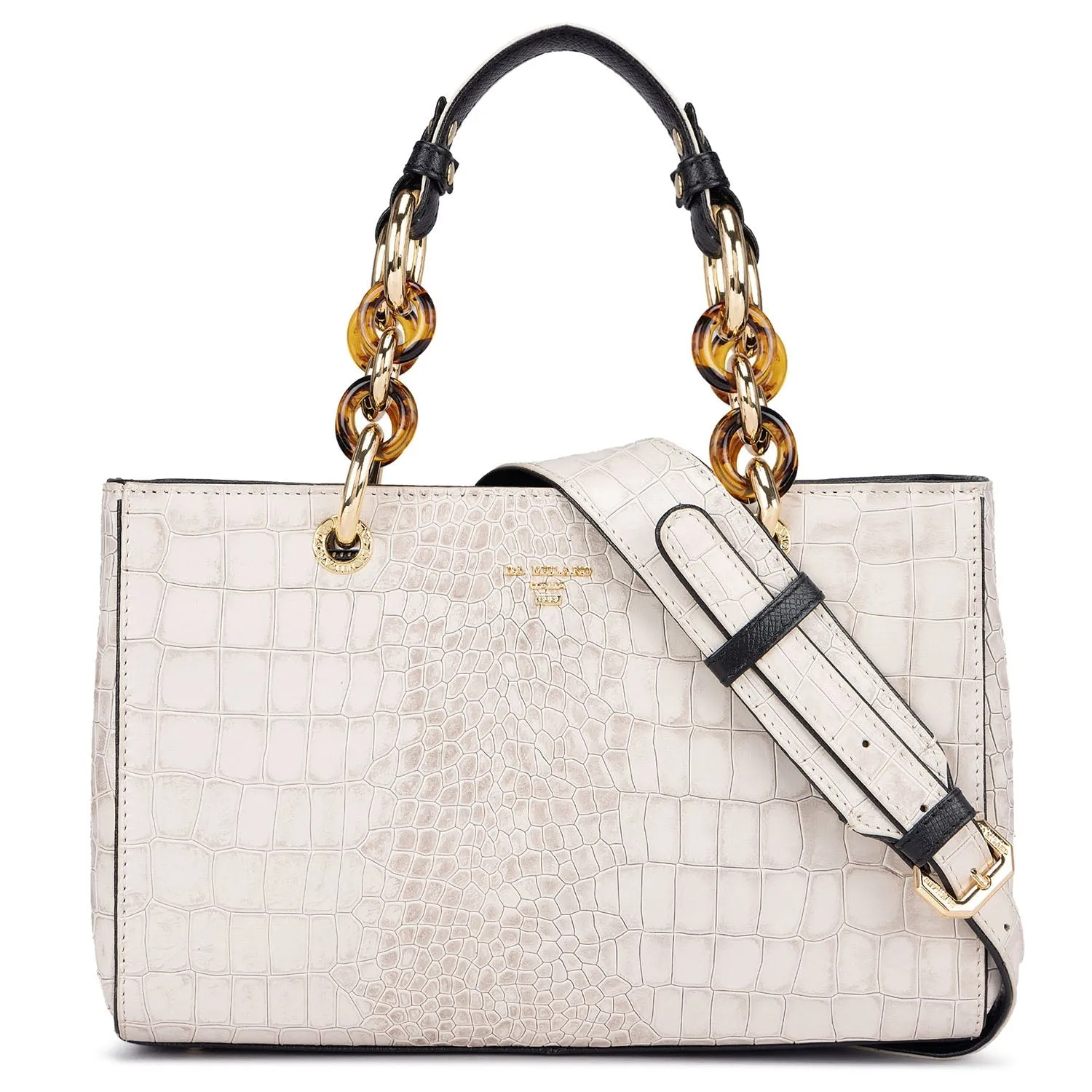 Small Croco Leather Satchel - Cream