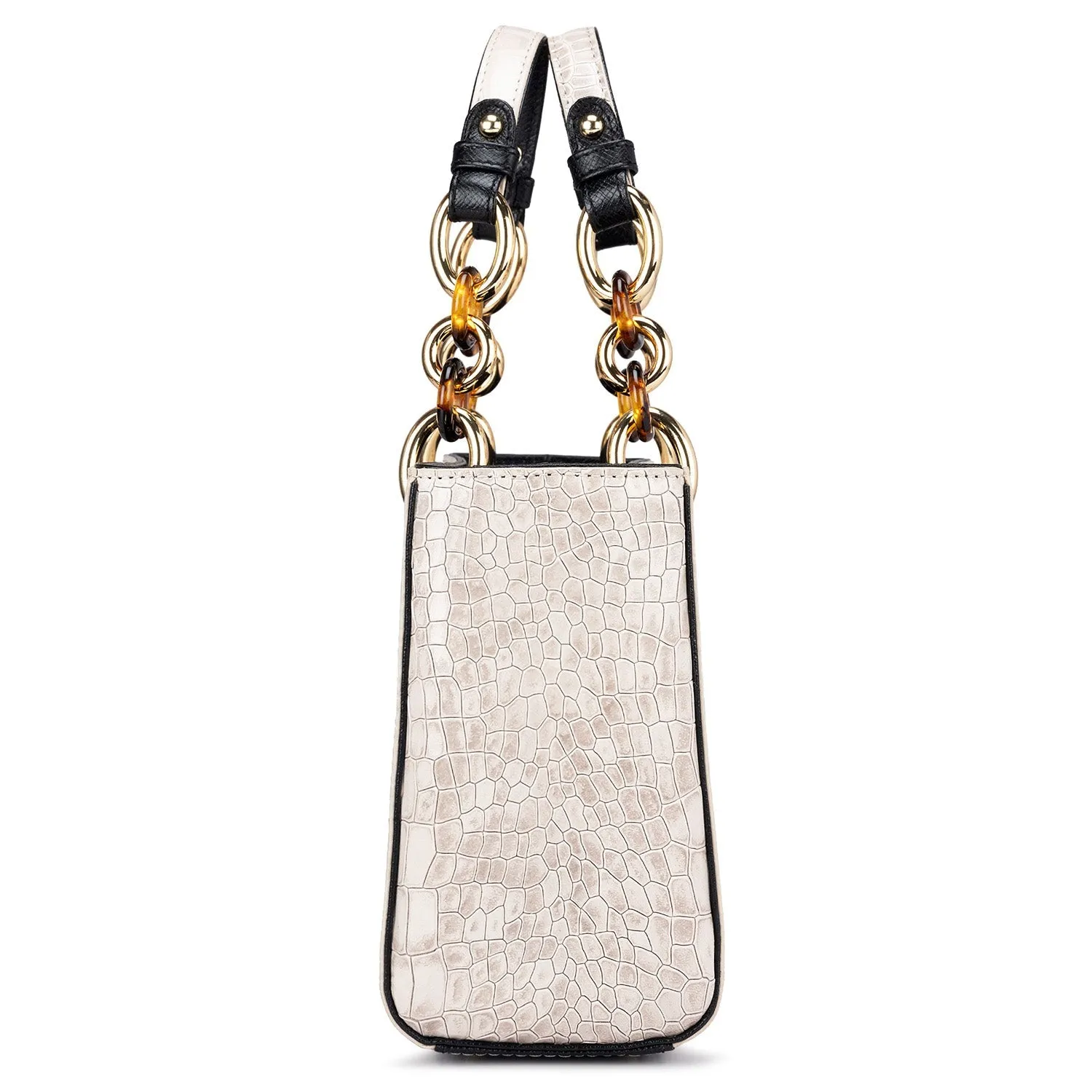 Small Croco Leather Satchel - Cream