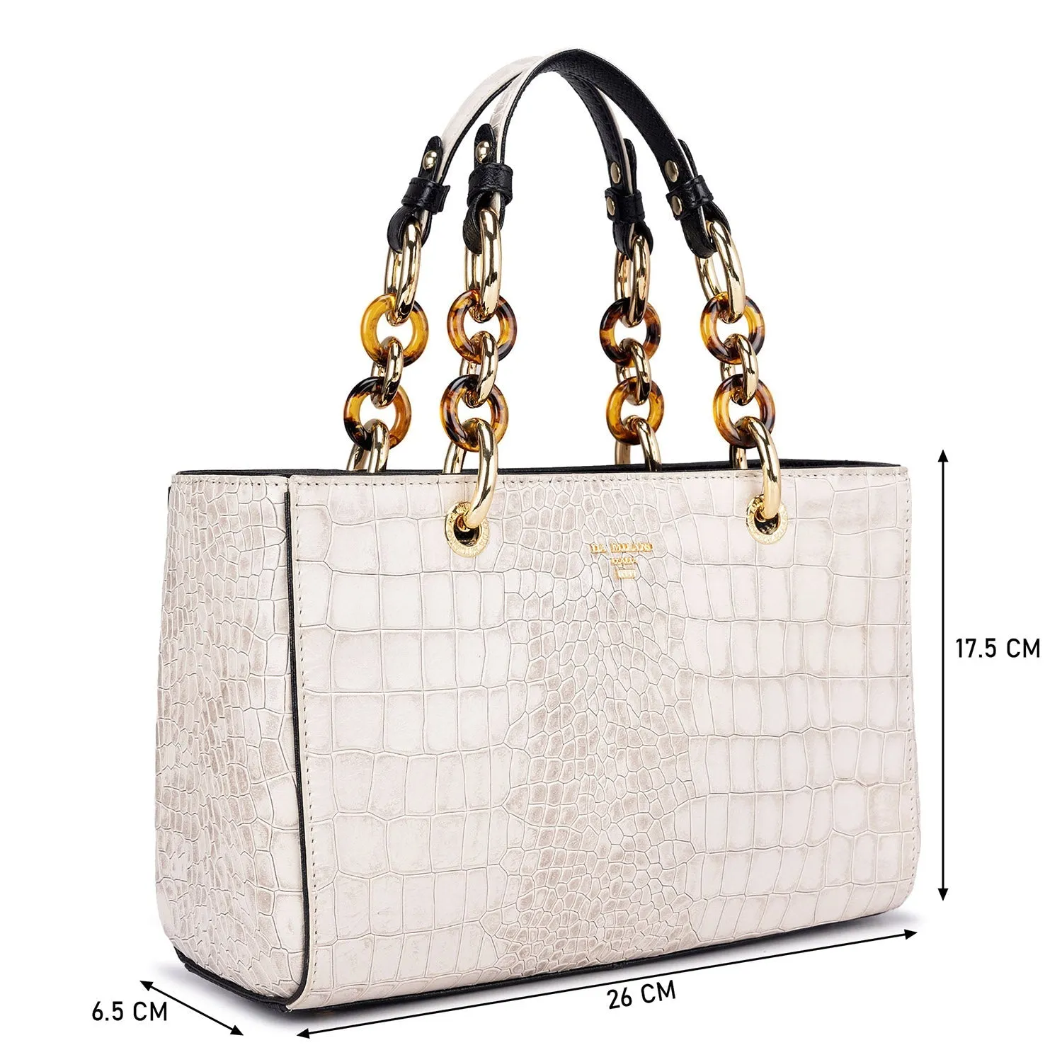 Small Croco Leather Satchel - Cream