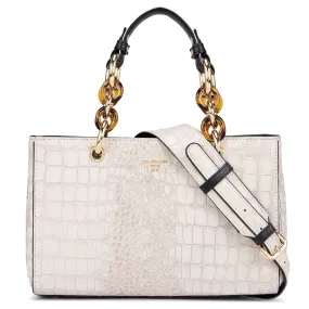 Small Croco Leather Satchel - Cream