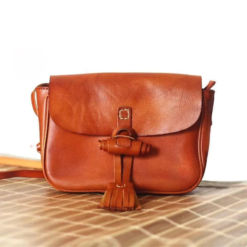 Small Vintage Designer Vegetable Leather Shoulder Bag For Women Retro Handcrafted Brush Off Ladies Tassel Handbag