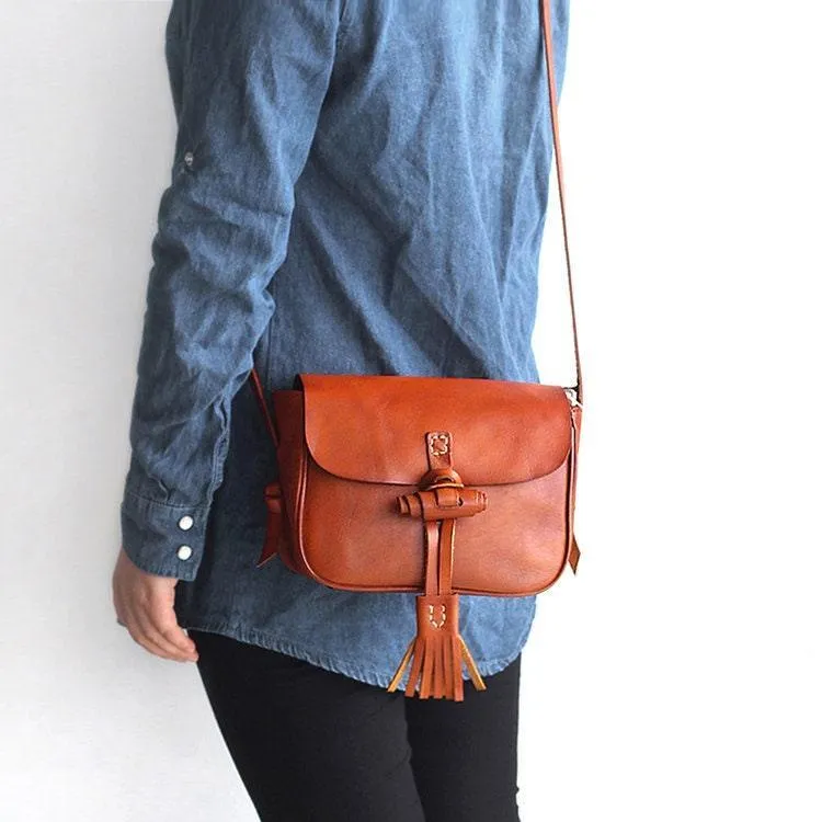 Small Vintage Designer Vegetable Leather Shoulder Bag For Women Retro Handcrafted Brush Off Ladies Tassel Handbag