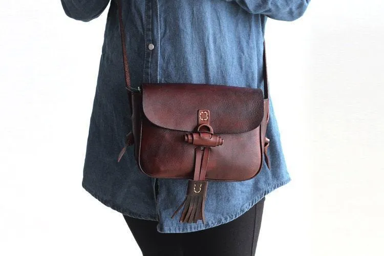 Small Vintage Designer Vegetable Leather Shoulder Bag For Women Retro Handcrafted Brush Off Ladies Tassel Handbag
