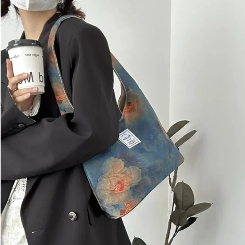 UAKISS  -  Fashion Harajuku Elegant Shoulder Underarm Bag Sweet Y2k Aesthetic Flower Print Handbags Japanese Women Chic Elegant Canvas Bags