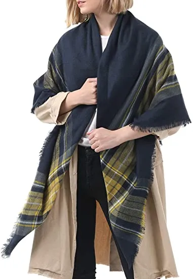 Women's Yellow/Blue Plaid Tassel Scarf